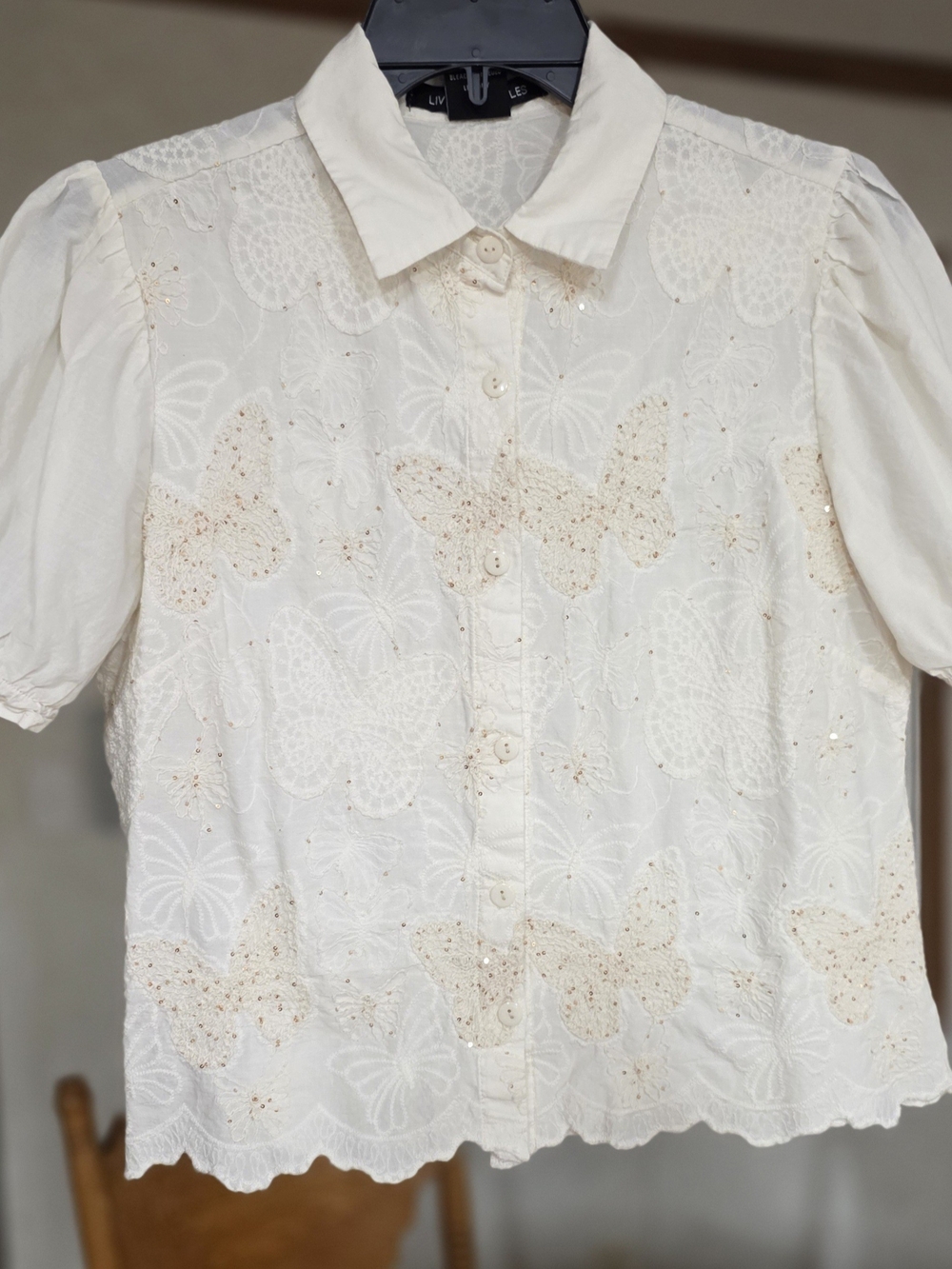 Women's Cream Embroidered Butterfly Button-Front Top